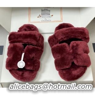 Fashion Hermes Chypre Flat Slides Sandal in Wool Burgundy H102306 1023115