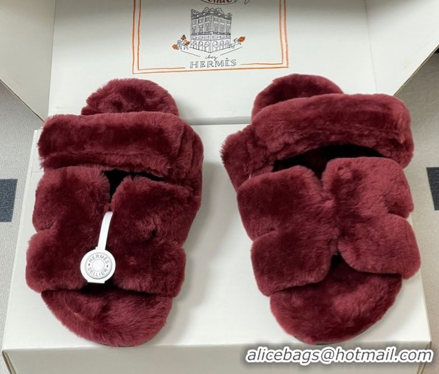 Fashion Hermes Chypre Flat Slides Sandal in Wool Burgundy H102306 1023115
