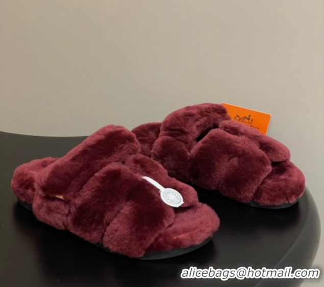 Fashion Hermes Chypre Flat Slides Sandal in Wool Burgundy H102306 1023115