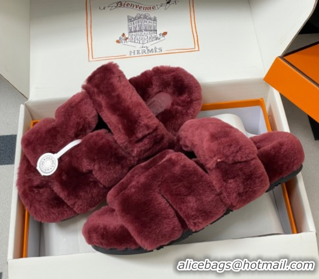 Fashion Hermes Chypre Flat Slides Sandal in Wool Burgundy H102306 1023115