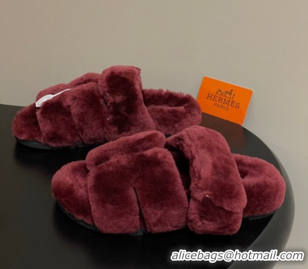 Fashion Hermes Chypre Flat Slides Sandal in Wool Burgundy H102306 1023115