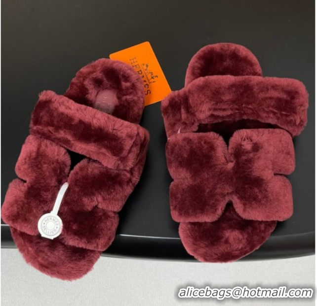 Fashion Hermes Chypre Flat Slides Sandal in Wool Burgundy H102306 1023115