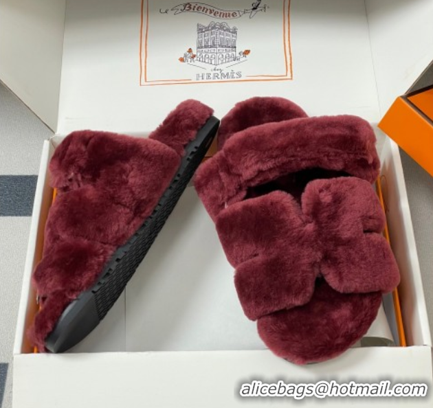 Fashion Hermes Chypre Flat Slides Sandal in Wool Burgundy H102306 1023115