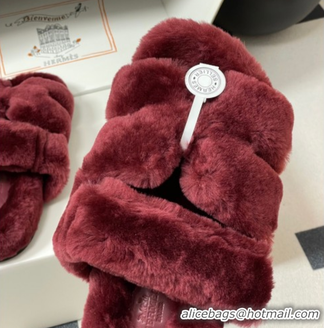 Fashion Hermes Chypre Flat Slides Sandal in Wool Burgundy H102306 1023115