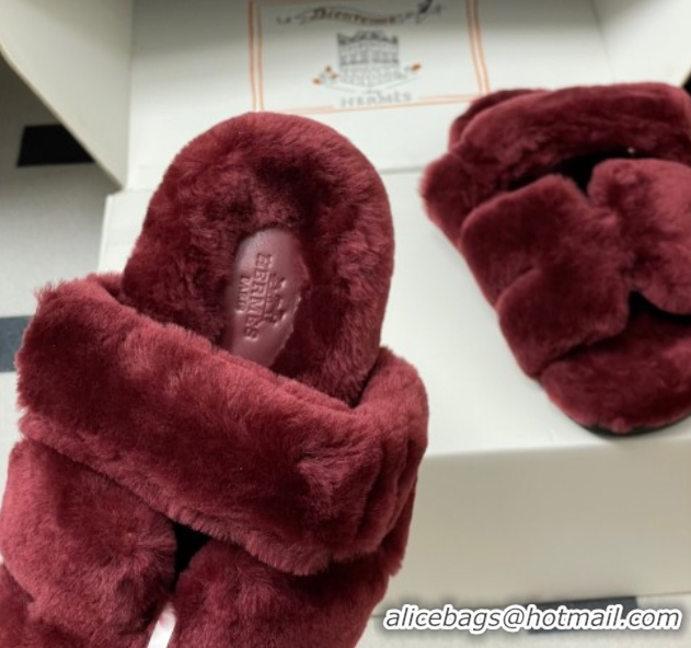 Fashion Hermes Chypre Flat Slides Sandal in Wool Burgundy H102306 1023115