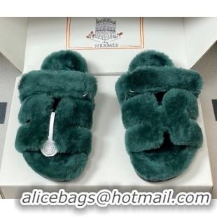 Trendy Design Hermes Chypre Flat Slides Sandal in Wool Green H102306 1023116