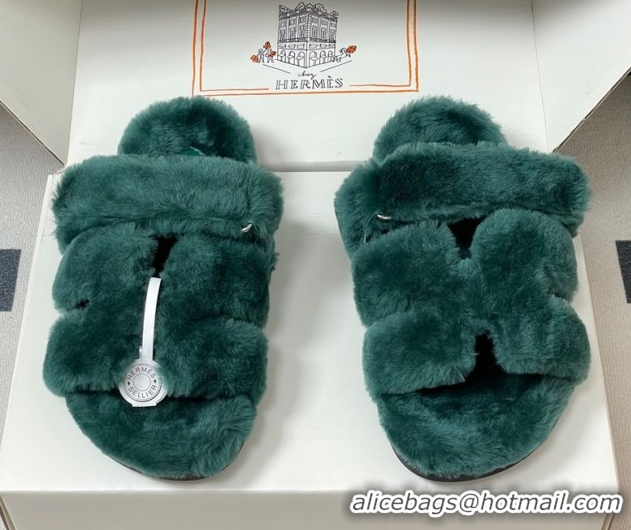 Trendy Design Hermes Chypre Flat Slides Sandal in Wool Green H102306 1023116