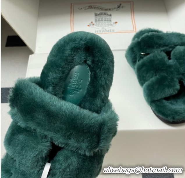 Trendy Design Hermes Chypre Flat Slides Sandal in Wool Green H102306 1023116