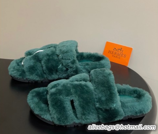 Trendy Design Hermes Chypre Flat Slides Sandal in Wool Green H102306 1023116