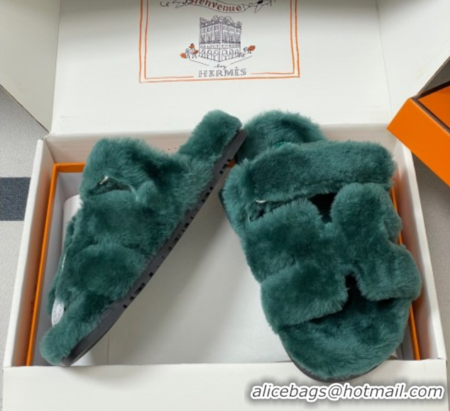 Trendy Design Hermes Chypre Flat Slides Sandal in Wool Green H102306 1023116