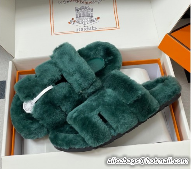 Trendy Design Hermes Chypre Flat Slides Sandal in Wool Green H102306 1023116