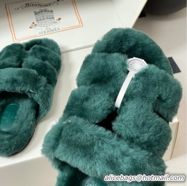 Trendy Design Hermes Chypre Flat Slides Sandal in Wool Green H102306 1023116
