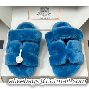 Top Grade Hermes Chypre Flat Slides Sandal in Wool Blue 2025 H102306 1023117