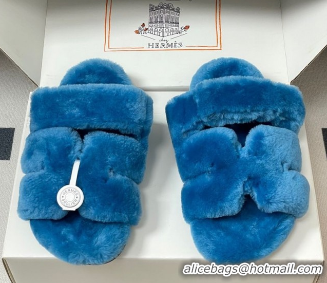 Top Grade Hermes Chypre Flat Slides Sandal in Wool Blue 2025 H102306 1023117