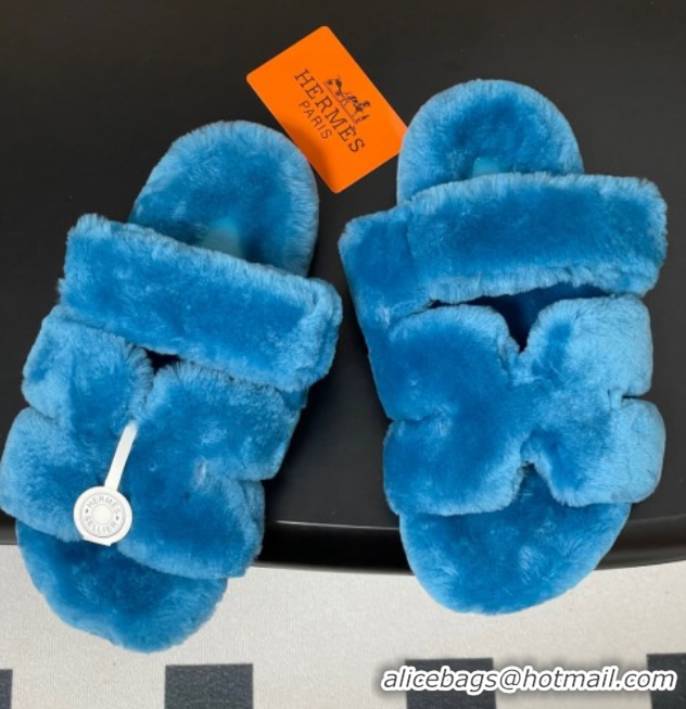 Top Grade Hermes Chypre Flat Slides Sandal in Wool Blue 2025 H102306 1023117