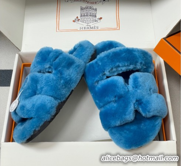 Top Grade Hermes Chypre Flat Slides Sandal in Wool Blue 2025 H102306 1023117