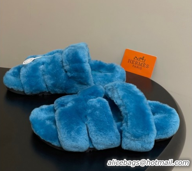 Top Grade Hermes Chypre Flat Slides Sandal in Wool Blue 2025 H102306 1023117