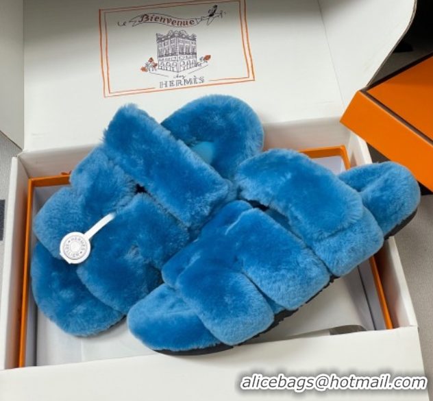 Top Grade Hermes Chypre Flat Slides Sandal in Wool Blue 2025 H102306 1023117