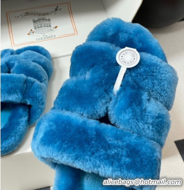 Top Grade Hermes Chypre Flat Slides Sandal in Wool Blue 2025 H102306 1023117