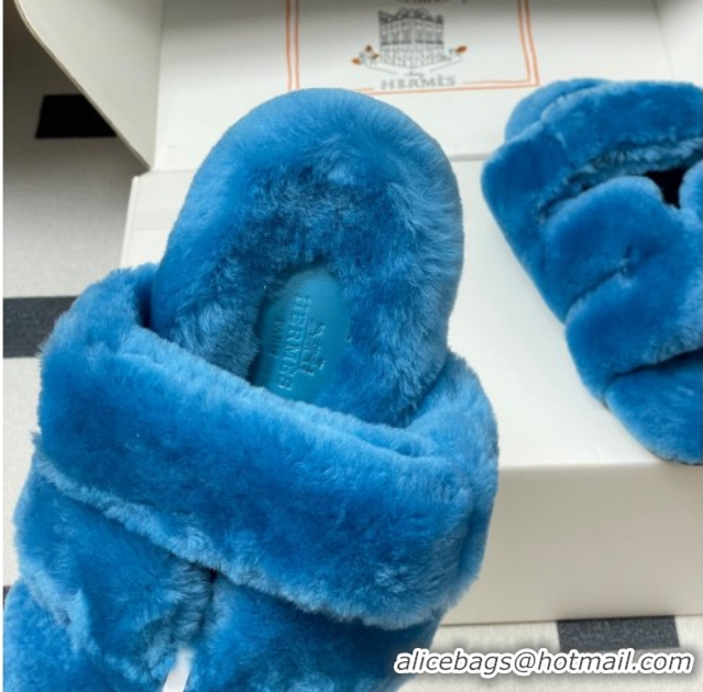 Top Grade Hermes Chypre Flat Slides Sandal in Wool Blue 2025 H102306 1023117