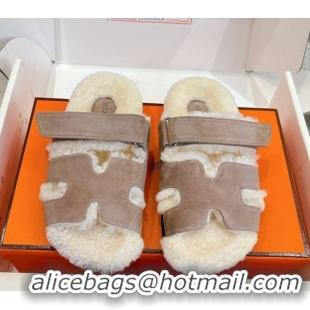 Unique Style Hermes Chypre Flat Slides Sandal in Suede and Shearling Grey H102307 1023118