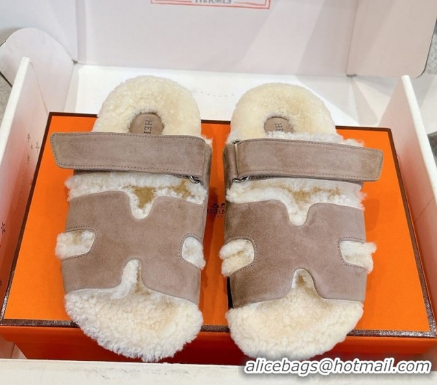 Unique Style Hermes Chypre Flat Slides Sandal in Suede and Shearling Grey H102307 1023118