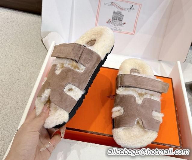 Unique Style Hermes Chypre Flat Slides Sandal in Suede and Shearling Grey H102307 1023118
