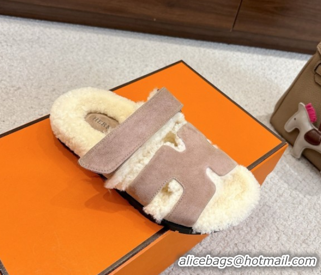 Unique Style Hermes Chypre Flat Slides Sandal in Suede and Shearling Grey H102307 1023118
