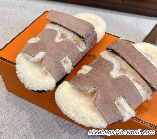 Unique Style Hermes Chypre Flat Slides Sandal in Suede and Shearling Grey H102307 1023118