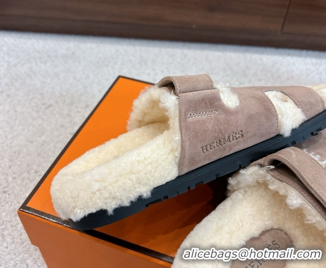 Unique Style Hermes Chypre Flat Slides Sandal in Suede and Shearling Grey H102307 1023118
