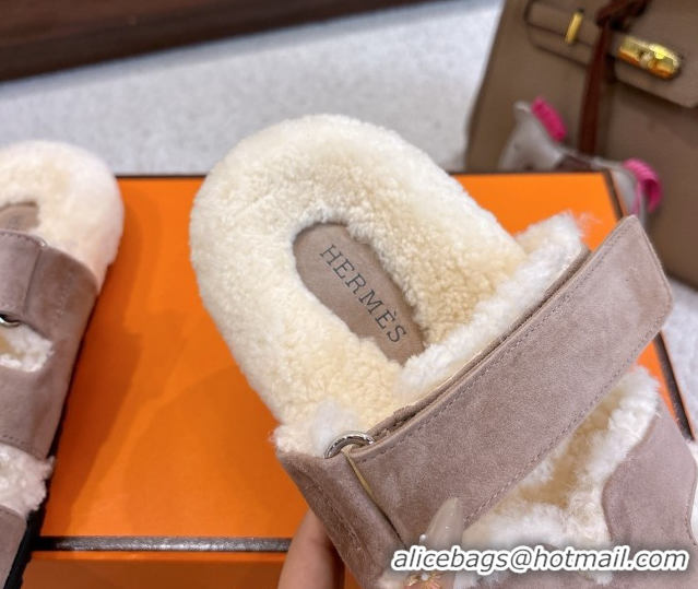 Unique Style Hermes Chypre Flat Slides Sandal in Suede and Shearling Grey H102307 1023118