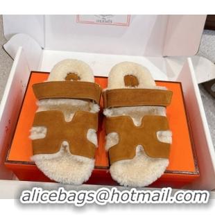 Best Product Hermes Chypre Flat Slides Sandal in Suede and Shearling Brown Yellow H102307 1023119