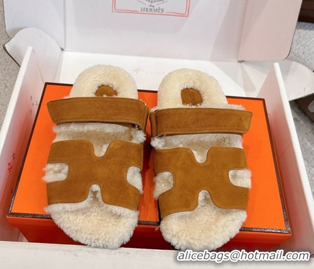 Best Product Hermes Chypre Flat Slides Sandal in Suede and Shearling Brown Yellow H102307 1023119