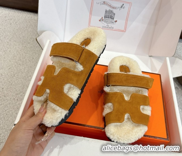 Best Product Hermes Chypre Flat Slides Sandal in Suede and Shearling Brown Yellow H102307 1023119