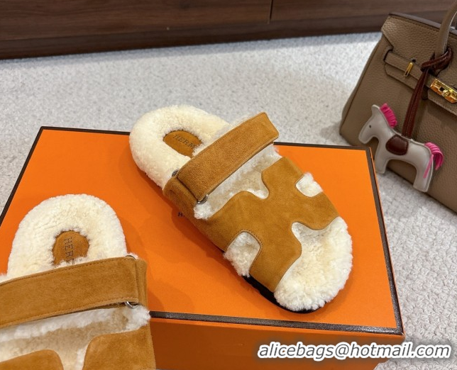 Best Product Hermes Chypre Flat Slides Sandal in Suede and Shearling Brown Yellow H102307 1023119