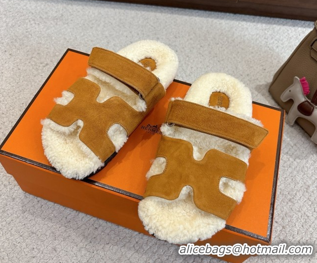 Best Product Hermes Chypre Flat Slides Sandal in Suede and Shearling Brown Yellow H102307 1023119