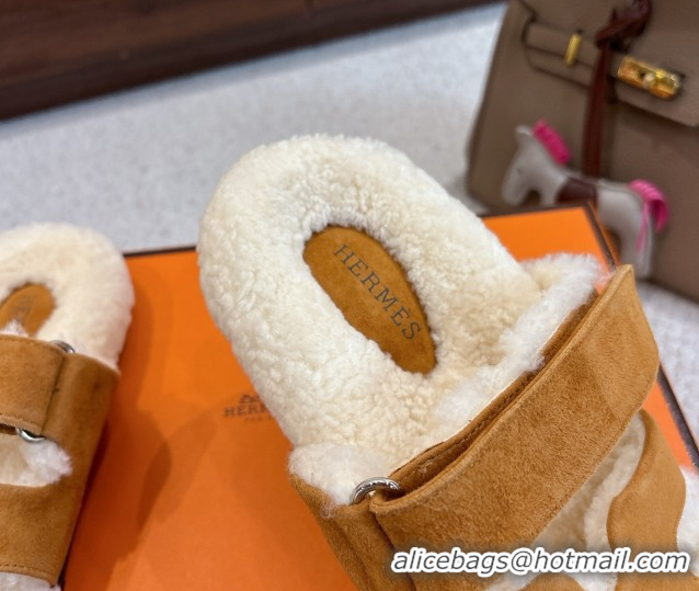 Best Product Hermes Chypre Flat Slides Sandal in Suede and Shearling Brown Yellow H102307 1023119