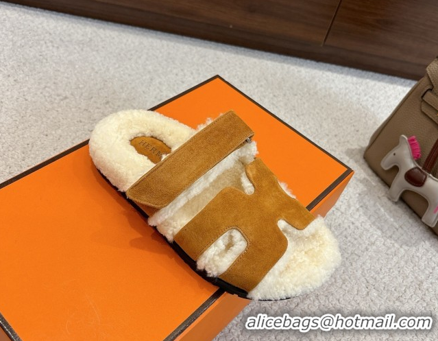 Best Product Hermes Chypre Flat Slides Sandal in Suede and Shearling Brown Yellow H102307 1023119