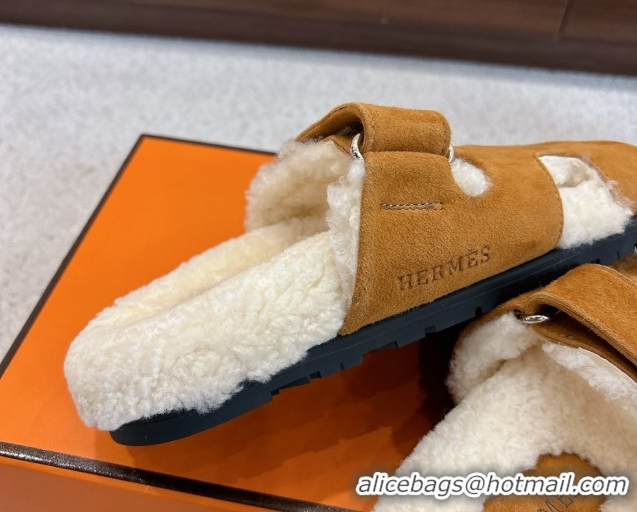 Best Product Hermes Chypre Flat Slides Sandal in Suede and Shearling Brown Yellow H102307 1023119