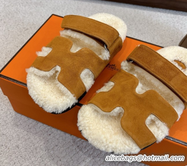Best Product Hermes Chypre Flat Slides Sandal in Suede and Shearling Brown Yellow H102307 1023119