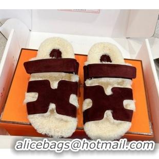 Shop Duplicate Hermes Chypre Flat Slides Sandal in Suede and Shearling Burgundy H102307 1023120