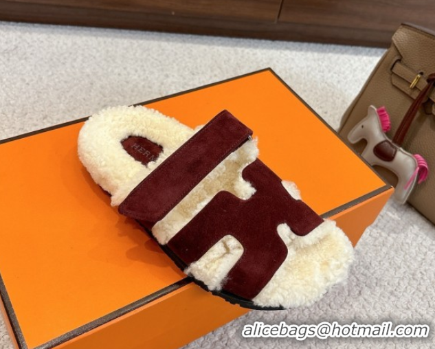 Shop Duplicate Hermes Chypre Flat Slides Sandal in Suede and Shearling Burgundy H102307 1023120