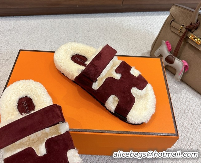 Shop Duplicate Hermes Chypre Flat Slides Sandal in Suede and Shearling Burgundy H102307 1023120