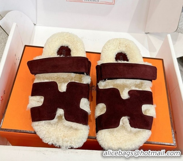 Shop Duplicate Hermes Chypre Flat Slides Sandal in Suede and Shearling Burgundy H102307 1023120