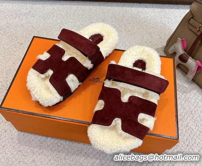 Shop Duplicate Hermes Chypre Flat Slides Sandal in Suede and Shearling Burgundy H102307 1023120