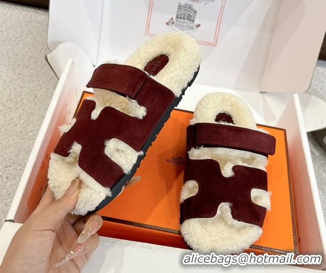 Shop Duplicate Hermes Chypre Flat Slides Sandal in Suede and Shearling Burgundy H102307 1023120