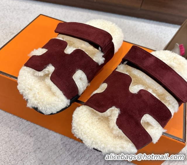 Shop Duplicate Hermes Chypre Flat Slides Sandal in Suede and Shearling Burgundy H102307 1023120