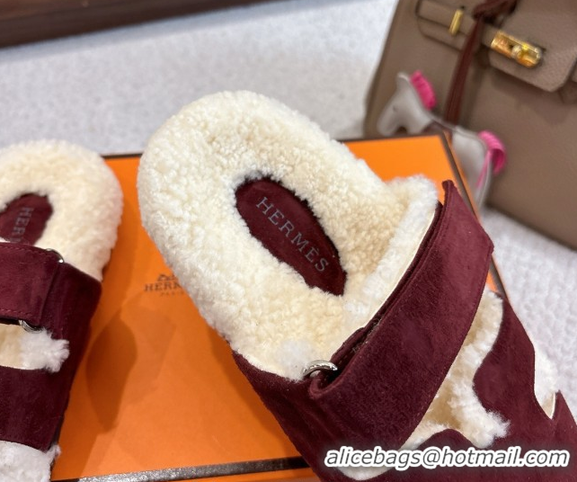 Shop Duplicate Hermes Chypre Flat Slides Sandal in Suede and Shearling Burgundy H102307 1023120