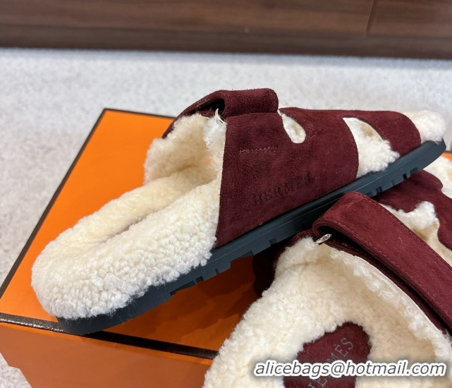 Shop Duplicate Hermes Chypre Flat Slides Sandal in Suede and Shearling Burgundy H102307 1023120