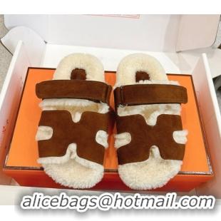 Popular Style Hermes Chypre Flat Slides Sandal in Suede and Shearling Dark Brown H102307 1023121